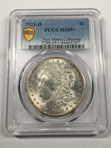 1921-D MORGAN SILVER DOLLAR PAUL MONTZ COLLECTION PEDIGREE PCGS MS65+ 6XED25 - Picture 1 of 4
