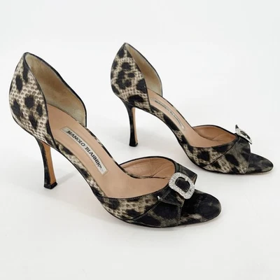 Manolo Blahnik Animal Print Satén Cristal Hebilla Peep Toe D'Orsay Tacón IT 38.5 Foto 1 de 4