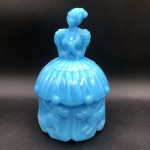 Vtg Akro Agate Blue Glass Colonial Lady Scottie Dog Bottom Powder Jar W Lid Rare - Picture 1 of 17