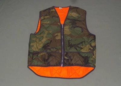 Vintage Men's Medium Camo Reversible Blaze Orange Quilted Hunting Vest Pockets - Image 1 of 4