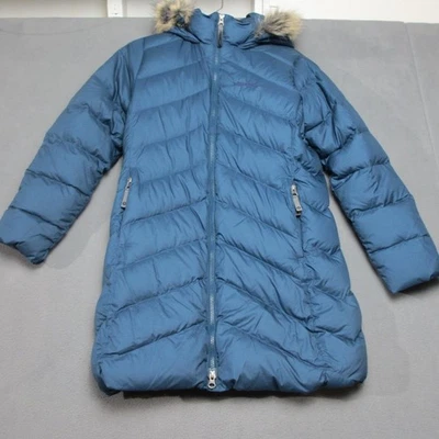 Marmot Down Parka Coat Womens Large Blue 700 Fill Hooded Puffer Faux Fur Long - Image 1 of 4