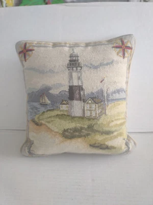 Nautical Lighthouse Wool Needlepoint Throw Pillow Katha Diddel Home 12x12” - Image 1 of 4