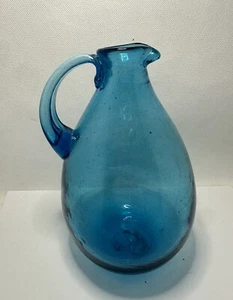 Vintage Aqua Blue Hand Blown Pitcher Cruet with Applied Handle 7.75" Tall - Picture 1 of 7