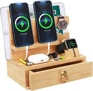 Multifunctional Bamboo Stands, Dual Cell Phone Holder, Tablet Storage Stand - Picture 1 of 9