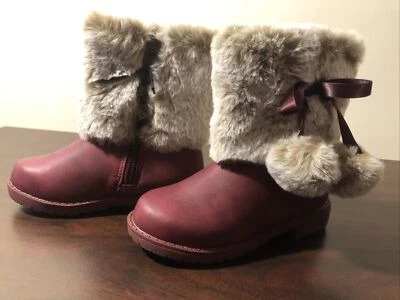 Girls Nicole Miller Boots Size 7 ..  Faux Leather with Pom Poms Maroon Zipper - Image 1 of 4