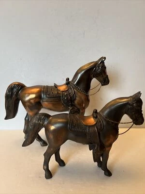 Vintage 2 Large COPPER TONE Western HORSE Metal Statue Figurine 12x10 & 10x8 - Image 1 of 4