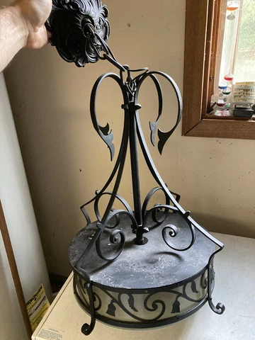 Vtg 1960s Wrought Iron Hanging Light Gothic Arts Crafts Thistle Hammered Lamp Cover