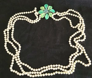 Hand Knotted Triple Strand Faux Pearl Necklace Enamel Green Flower Rhinestones - Picture 1 of 10