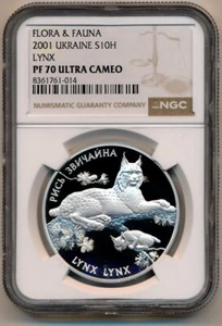 [121094] Ukraine 2001 10 UAH Wild life Lynx Silver Coin - NGC PF70 Ultra Cameo - Picture 1 of 2