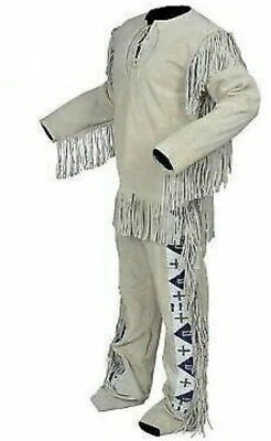 Men Native American Western Mountain Style Suede Leather Fringe Shirt & Trouser - Image 1 of 4