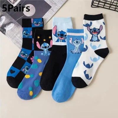 5 Pairs Cute Cartoon Anime Lilo & Stitch Pattern Women's Socks Casual Stockings Foto 1 de 4