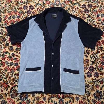 Camisa polo masculina Todd Snyder Terry Cabana praia grande azul colorblock toalha pano - Imagem 1 de 4