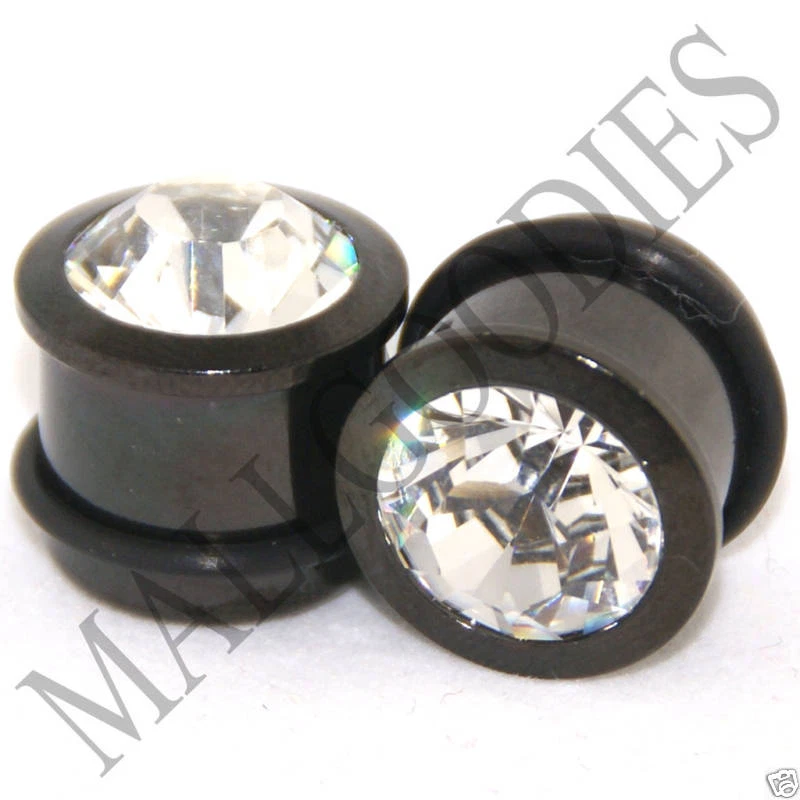 0323 Tapones para los oídos retenedores de gemas de cristal facetado transparente sólido negro 9/16" pulgadas 14 mm Foto 1 de 1
