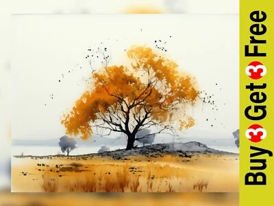 Impresión artística en acuarela de árbol de otoño solitario - vibrante escena de otoño 5" x 7" Foto 1 de 4
