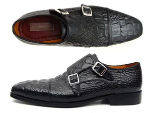 Paul Parkman Para Hombre Doble Monje Negro Cocodrilo En relieve Piel de Becerro (ID #045BK - Imagen 1 de 6