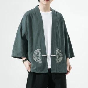 Japanese Mens Kimono Jacket Cotton Linen Baggy Casual Bathrobe Outwear Coat Top - Picture 1 of 15
