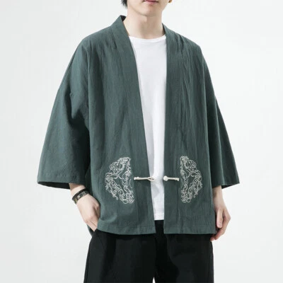 Japanese Mens Kimono Jacket Cotton Linen Baggy Casual Bathrobe Outwear Coat Top - Image 1 of 4