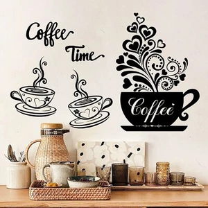 Coffee Cup Wall Decals Vinyl Kitchen Wall Decor Stickers Black Coffee Tea Sig... - Picture 1 of 8