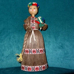 Vintage Russian Folk Art Wooden Doll With Flax Hair Traditional Dress & Braid - Picture 1 of 11
