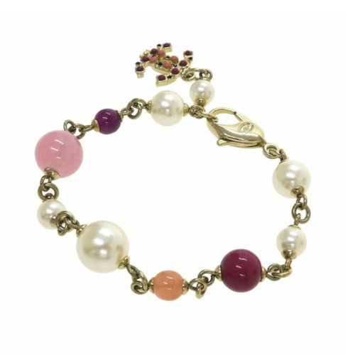 Bracciale CHANEL CC Logo Multicolore Pietra Perla 6 5" Tono Oro 12P Autentico #6767F