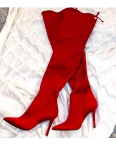 👠😎❤️Aldo Rot Satin Stiletto Absatz Overknee Stiefel Gripper Spitz Gr. 6 - Bild 1 von 6