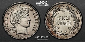1911-S  10C  BARBER SILVER DIME SAN FRANCSICO MINT NGC MS64 #6931539-021 - Picture 1 of 7