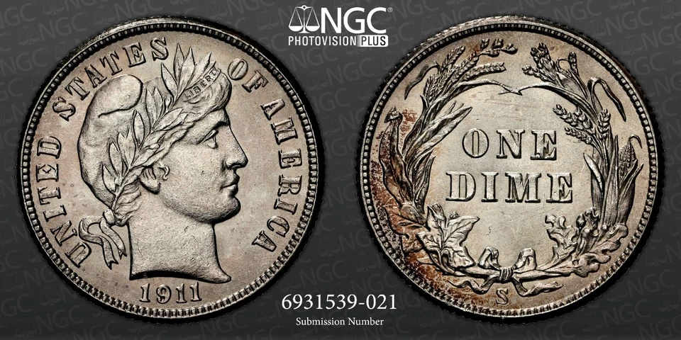 1911-S  10C  BARBER SILVER DIME SAN FRANCSICO MINT NGC MS64 #6931539-021 - Image 1 of 4