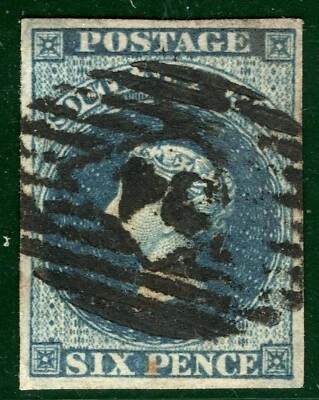 SOUTH AUSTRALIA QV SG.3 6d Deep Blue (1855) Used *34* Numeral Cat £170+ EBLUE61 - Image 1 of 4