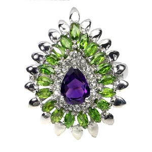 925 Sterling Silver Ring Pear Amethyst 8x6mm White Topaz Gemstone Jewelry Size 7 - Picture 1 of 13