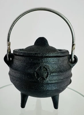 Small Cast Iron Gypsy Pot 3 Leg Pentacle Witch's Cauldron with Handle & Lid 2.5” - Image 1 of 4
