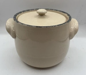Ivory/Blue Rim Casserole Bean Pot Crock Pottery. Lid And Handles. 6”x9” - Picture 1 of 3