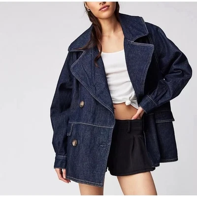 $248 Free People Denim Pea Coat Size S - Image 1 of 4