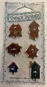 Trena's Trinkets Ceramic Buttons Birdhouses set of 6 In Brown Blue And Green New - Picture 1 of 7
