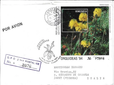 Venezuela: 1994; Scott 1509, souvenir sheet, FDC circulated, Orchids, EBV528 - Image 1 of 2