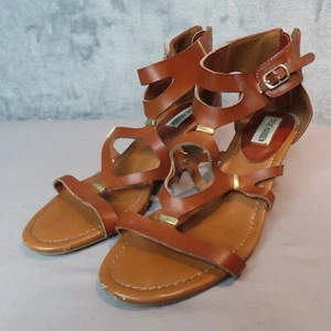 STEVE MADDEN Sandals Womens 8 Tan Brown Gladiator Wedge Heels Zip Buckle - Picture 1 of 17