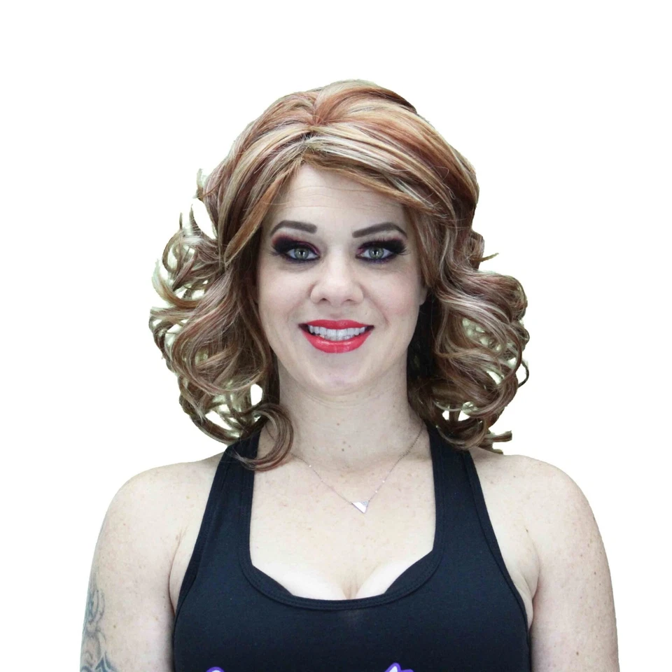 Peluca Bob Rizado Rubia Castaño Rojizo - Estilo Femenino Hasta los Hombros para Travestis Foto 1 de 1