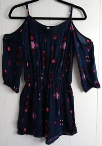 Mudd Cold Shoulder Romper XS Aztec Print Crochet Lace Trim Blue Purple Pink Boho - Picture 1 of 9