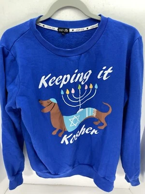 Janucá Dachshund Keep Kosher Sudadera Mujer Grande Azul Pullover Gráfico Foto 1 de 4