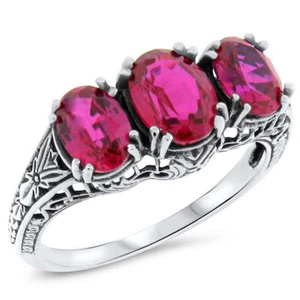 3 STONE 925 STERLING SILVER ART DECO STYLE 3.5 Ct RED LAB-CREATED RUBY RING 417X - Picture 1 of 4