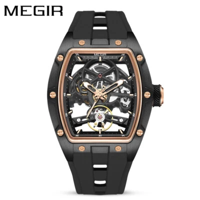 Reloj mecánico automático luminoso tourbillon esqueleto Tonneau regalo para hombre MEGIR Foto 1 de 4
