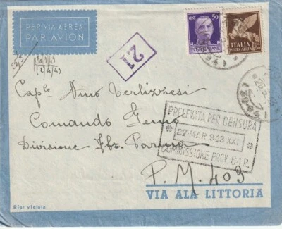 ITALIA: Cubierta de correo aéreo censurado Módena a dirección militar 1941, contenido censurado. Foto 1 de 2