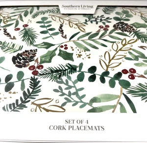 4er Set Tischsets mit Korkrücken Stechpalmenblätter Beeren Tannenzapfen Winter Urlaub - Bild 1 von 16