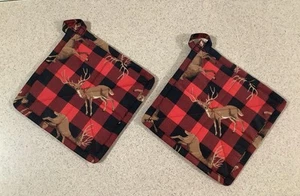 SET OF 2 FARMHOUSE KITCHEN 'RED BUFFALO PLAID 7.5" HAND CRAFTED DEER POT HOLDERS - Picture 1 of 3