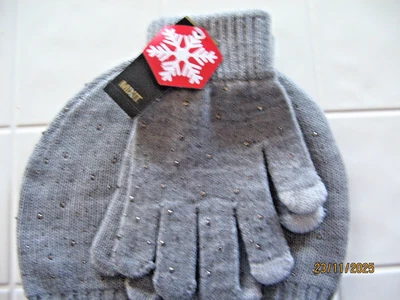 MIXIT Juego de sombreros y guantes para mujer grises suaves plateados con tachuelas con destellos Foto 1 de 3
