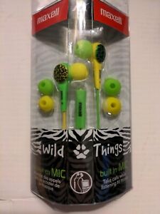 NEW A+ Maxell Wild Things Earbuds Yellow Green Leopard Built In Mic Headphones
