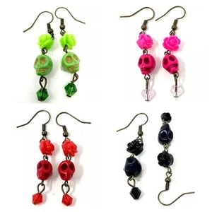 Sugar Skull Dangle Earrings with Rose & Crystal, Alchemy Punk Gothic Festival - Picture 1 of 8