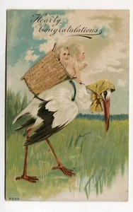 Alte Postkarte STORCH im Schal Lieferung BABYS im Korb 1917 Glückwunsch - Bild 1 von 2