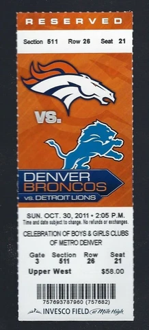 2011 NFL DETROIT LIONS @ DENVER BRONCOS FULL UNUSED FOOTBALL TICKET - TIM TEBOW Cover
