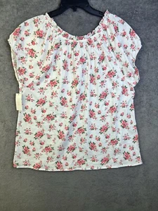Pink K Women’s Shirt White Floral Flowy Blouse Size M Round Neck Pelal Sleeves - Picture 1 of 6