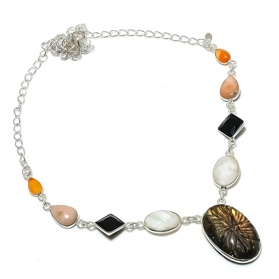 Collar de joyería de plata de ley 925 con piedras preciosas de labradorita natural tamaño 18" Foto 1 de 1